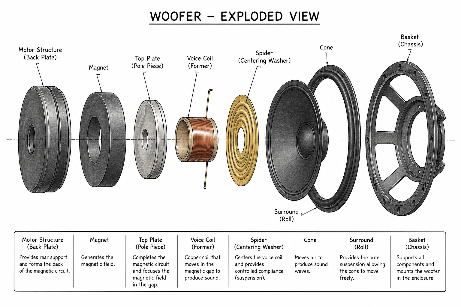 OEM Woofer exploded view showing voice coil, magnet assembly, cone, and spider